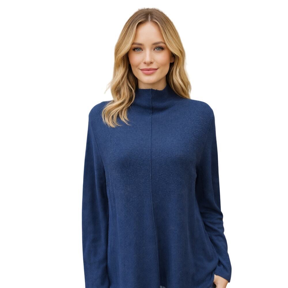 August silk teal viscose knit high neck tunic top long sleeve EUC minimalist M